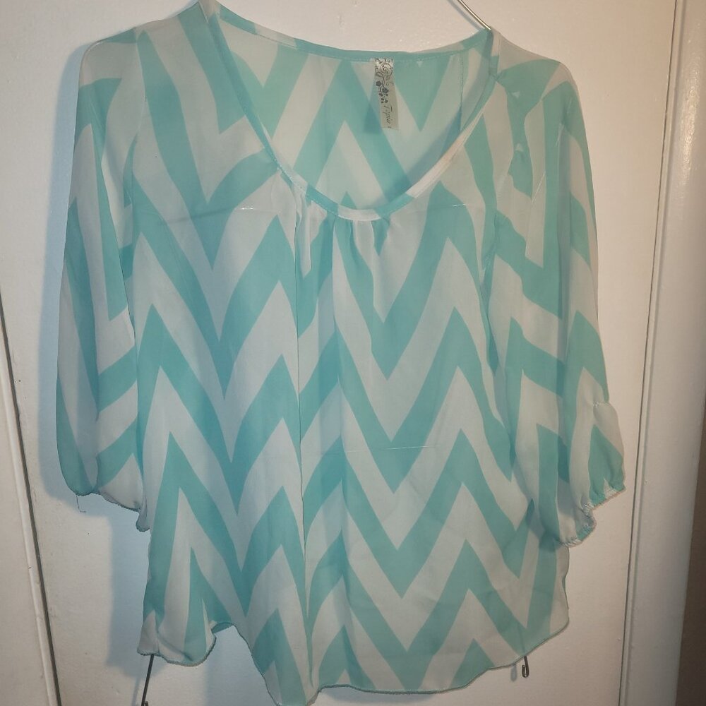 Topia Sheer Mint Chevron Print Short Sleeve Medium